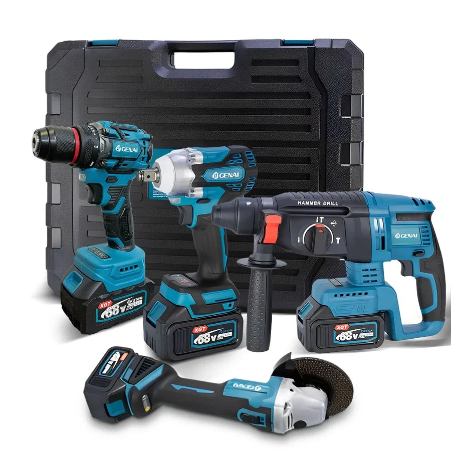 🔥【GENAI】🔥Kit de ferramentas 4 em 1 Furadeira, Chave de fenda/Chave de impacto/Amolador/Martelo 2 baterias de 21 V Caixa
